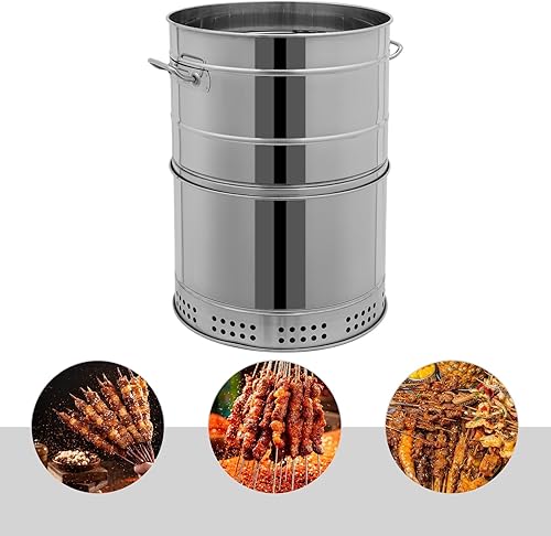 Miniatura 6 de Parrillas de carbón portátiles grandes, ahumador vertical 2 en 1, barril de barbacoa de acero inoxidable sin humo de 360 para barbacoa al aire