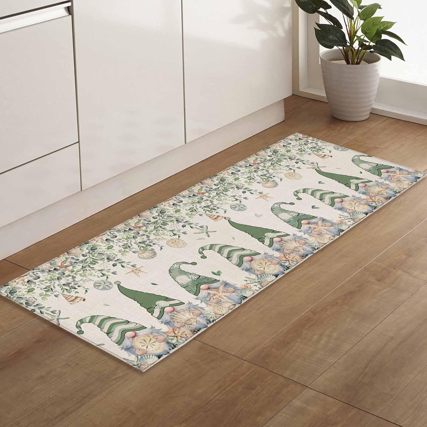 2 Pieces Kitchen Rugs and Mats,Vintage Green Gnome Eucalyptus Leaf Area Runner Rug Set Non Slip Floor Doormat Washable Carpet Standing Mat for Kitchen Sink Indoor Corridor,Shell Starfish on Linen