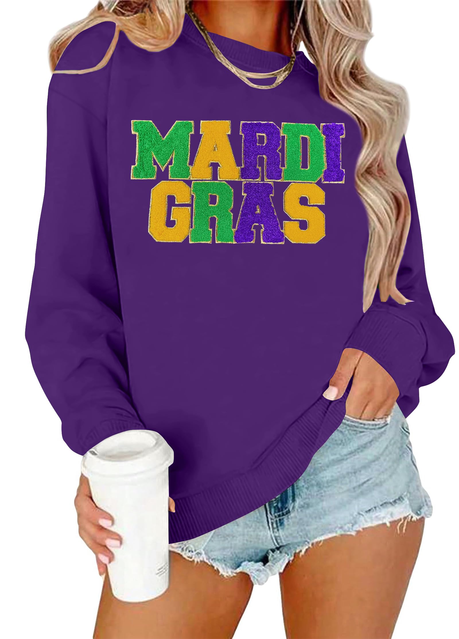 pechar Mardi Gras Outfit for Women: Mardi Gras Embroidery Sweatshirt New Orleans Party Carnival Long Sleeve Tees Tops-picture-48