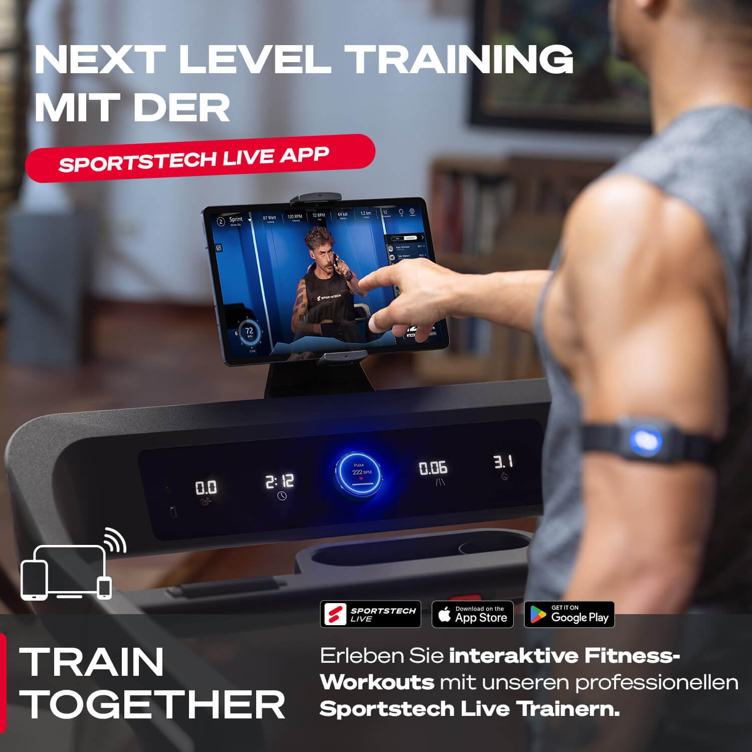 Sportstech sTread Lite Laufband für Zuhause klappbar bis 150 kg & 20 km/h – Treadmill mit 16% Steigung, 7 PS Motor, extra große Lauffläche, LED-Display, App-kompatibel, sPulse Pulsgurt inkl.