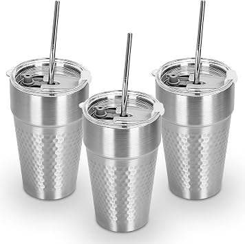 15oz Stainless Steel Tumbler with Lid and Straw, 3 Pack Double Wall Vacuum Insulated Drinking Glasses, Sweat-Proof Metal Cup Suitable for Ice Drinks and Hot Beverage