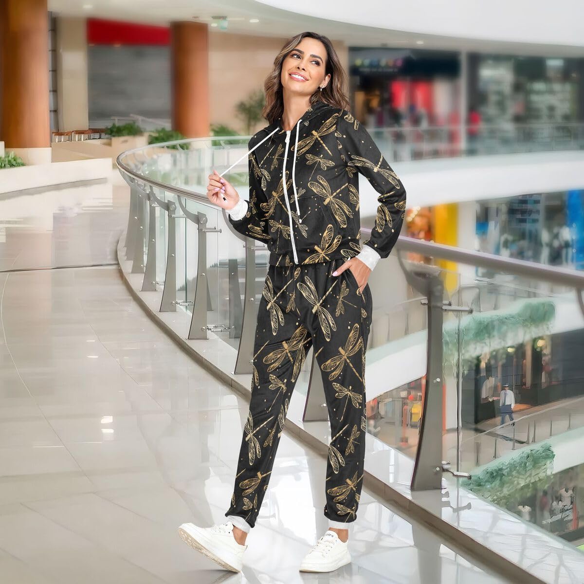 Conjunto deportivo de 2 piezas para mujer, diseño de libélula negra, conjunto deportivo de manga larga, estampado floral