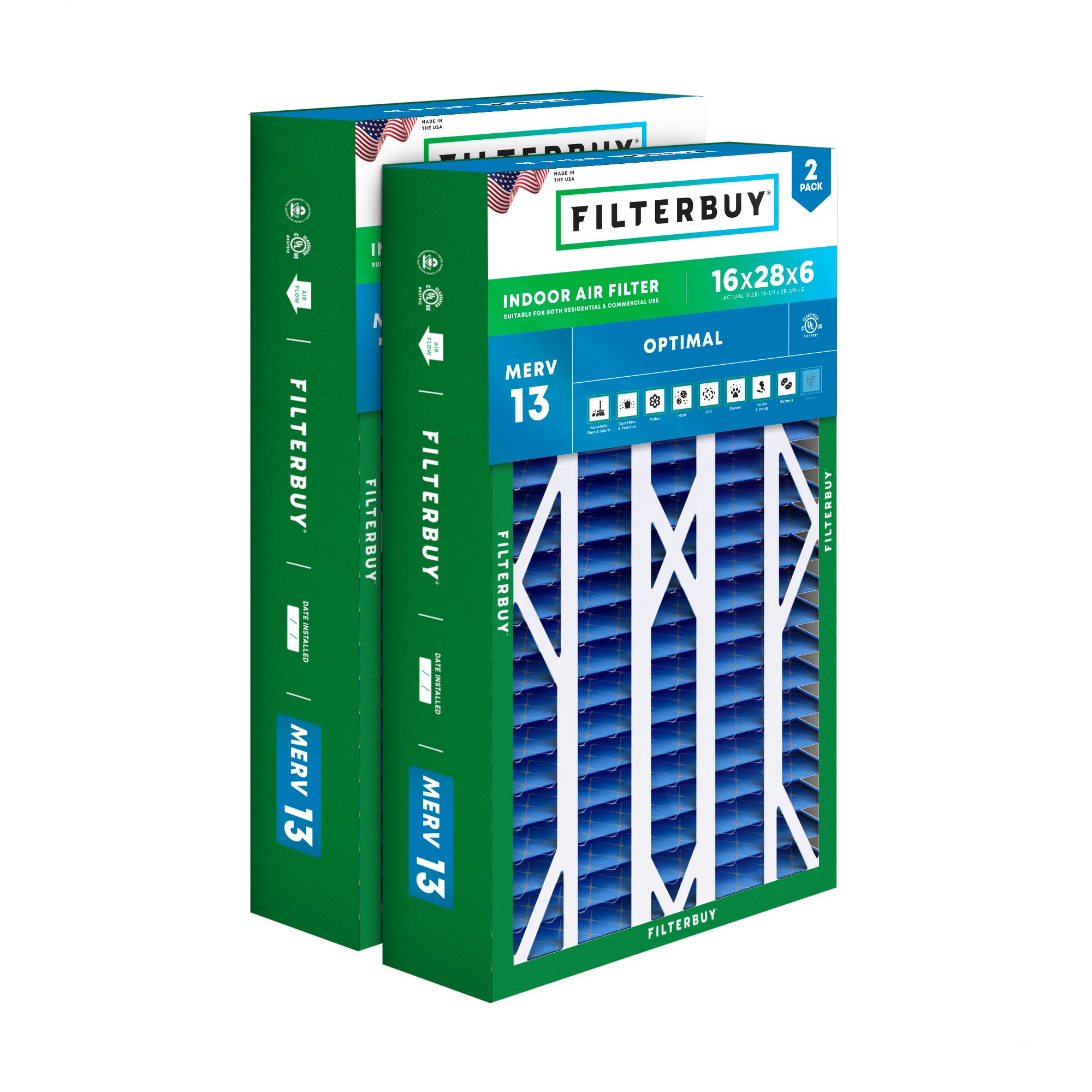 Filterbuy 16x28x6 Air Filter MERV 13 Optimal Defense (2-Pack), Pleated HVAC AC Furnace Air Filters Replacement for Aprilaire Space-Gard 401/2400 & Lennox (Actual Size: 15.50 x 26.88 x 6.00 Inches)