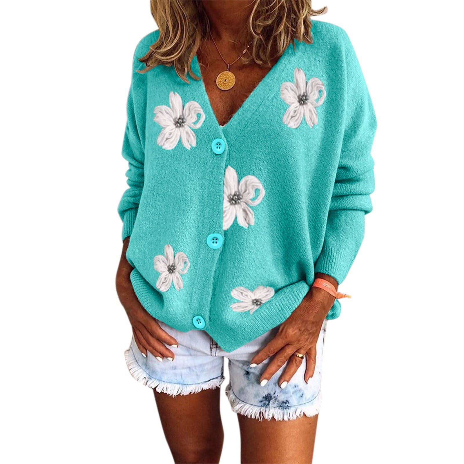 Generisch Las mujeres V-cuello acanalado suéter de manga larga chaqueta de punto de plumón delgado ropa exterior