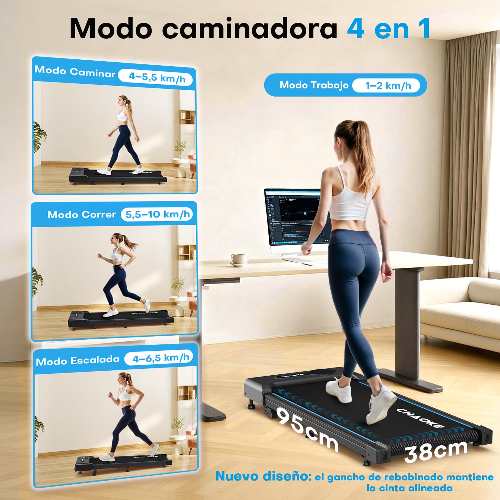 Cinta de Correr CHAOKE Walking Pad con inclinación del 9%, Cinta de Correr bajo Escritorio a 10 km/h, Motor silencioso de 2,75 CV, Capacidad máxima de 150 kg, con 12 programas HIIT y Control Remoto - 4