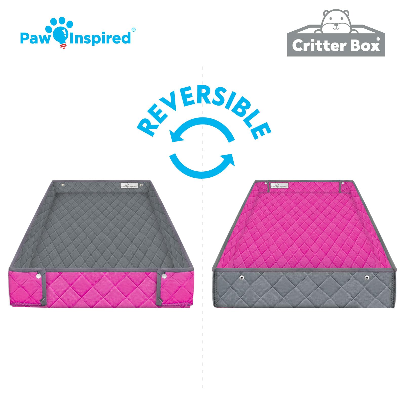 Paw Inspired Critter Box, waschbare Käfigeinlage, wendbare Fleece-Einstreu mit erhöhten Seiten für Frettchen, Ratten, Chinchillas und andere Kleintiere (Critter Nation/Ferret Nation, Grau/Pink)