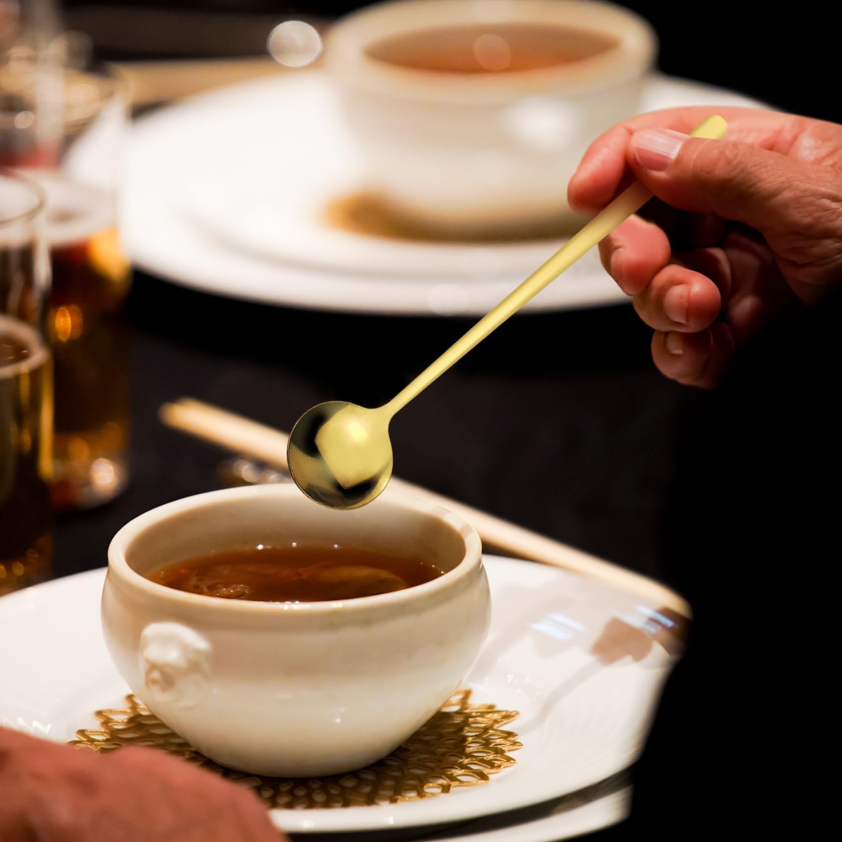 Paquete de 3 cucharas de café, cucharas redondas de postre, cucharas de té de acero inoxidable, cucharas de sopa, juego de cucharas pequeñas para chocolate, pasteles, helado (3, dorado)