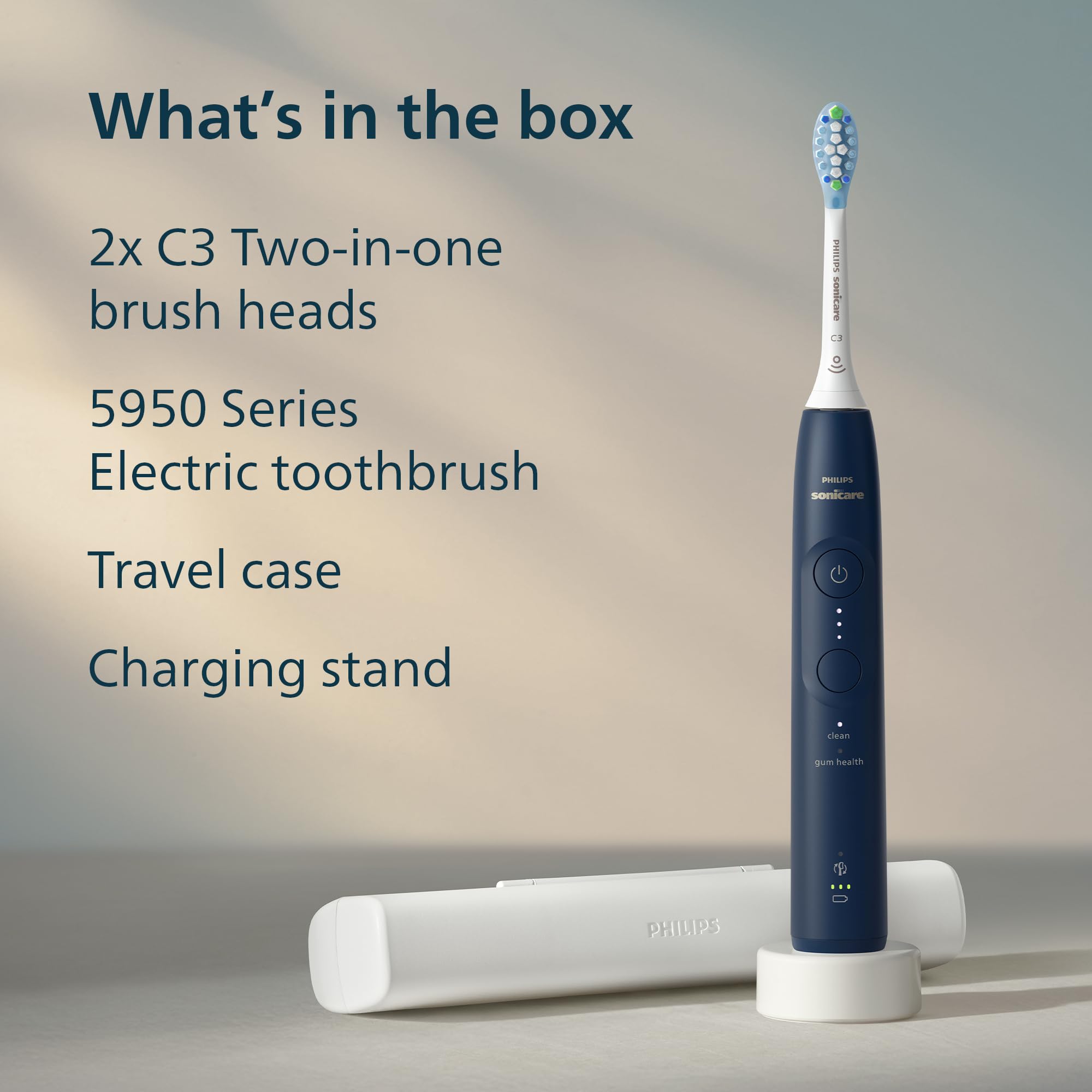 Philips Sonicare Spazzolino elettrico serie 5950 con custodia da viaggio, sensore di pressione, durata di 21 giorni, 6 impostazioni di pulizia, SmarTimer, BrushPacer, blu navy, HX7133/03
