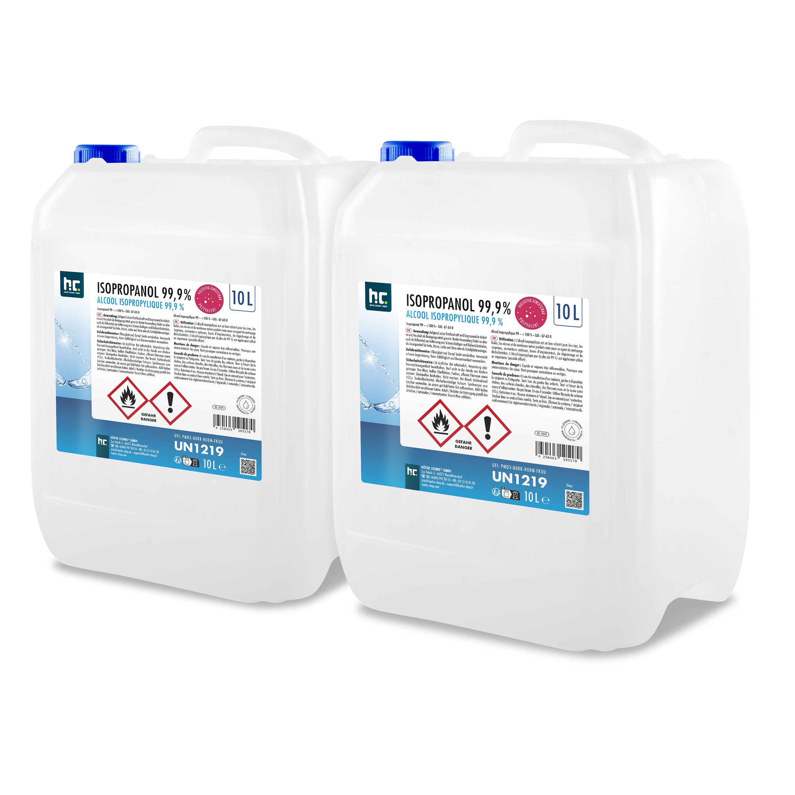 Höfer Chemie 2 x 10 L Isopropanol 99,9% | Ispopropylalkohol, Zur Reinigung & Entfettung, Starkes Lösungsmittel, Vielseitig Verwendbar