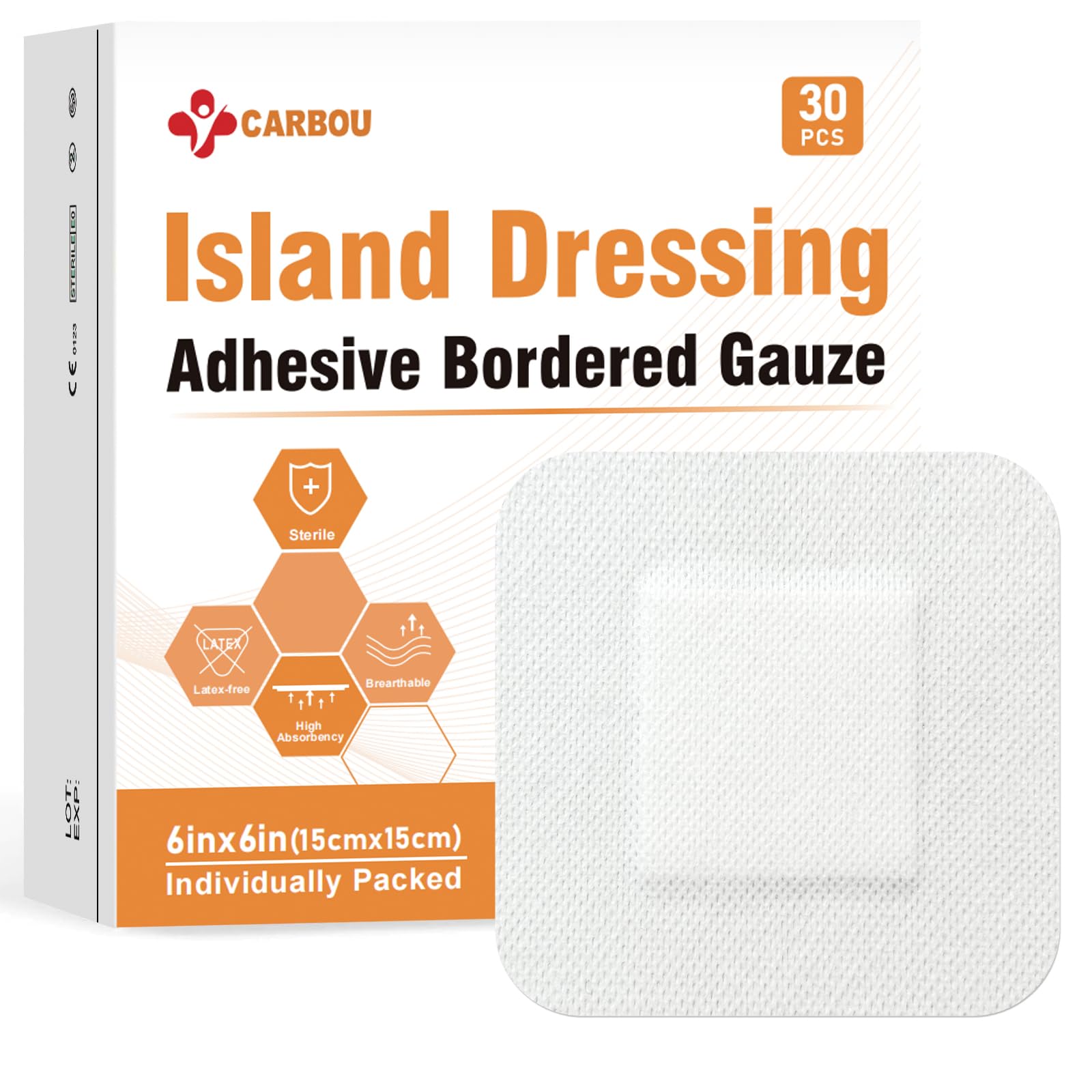 [6''x6''-30count] Carbou Island Dressing Bordered Gauze Sterile Individually Wrapped Gauze Pads,Highly Absorbent Adhesive Dressing Pad,Soft and Breathable Wound Dressing for Wound Care
