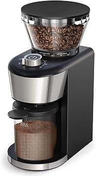 Coffee Grinder, 250g Capacity, Adjustable Coarseness Settings, Stainless Steel Burrs, Black Round