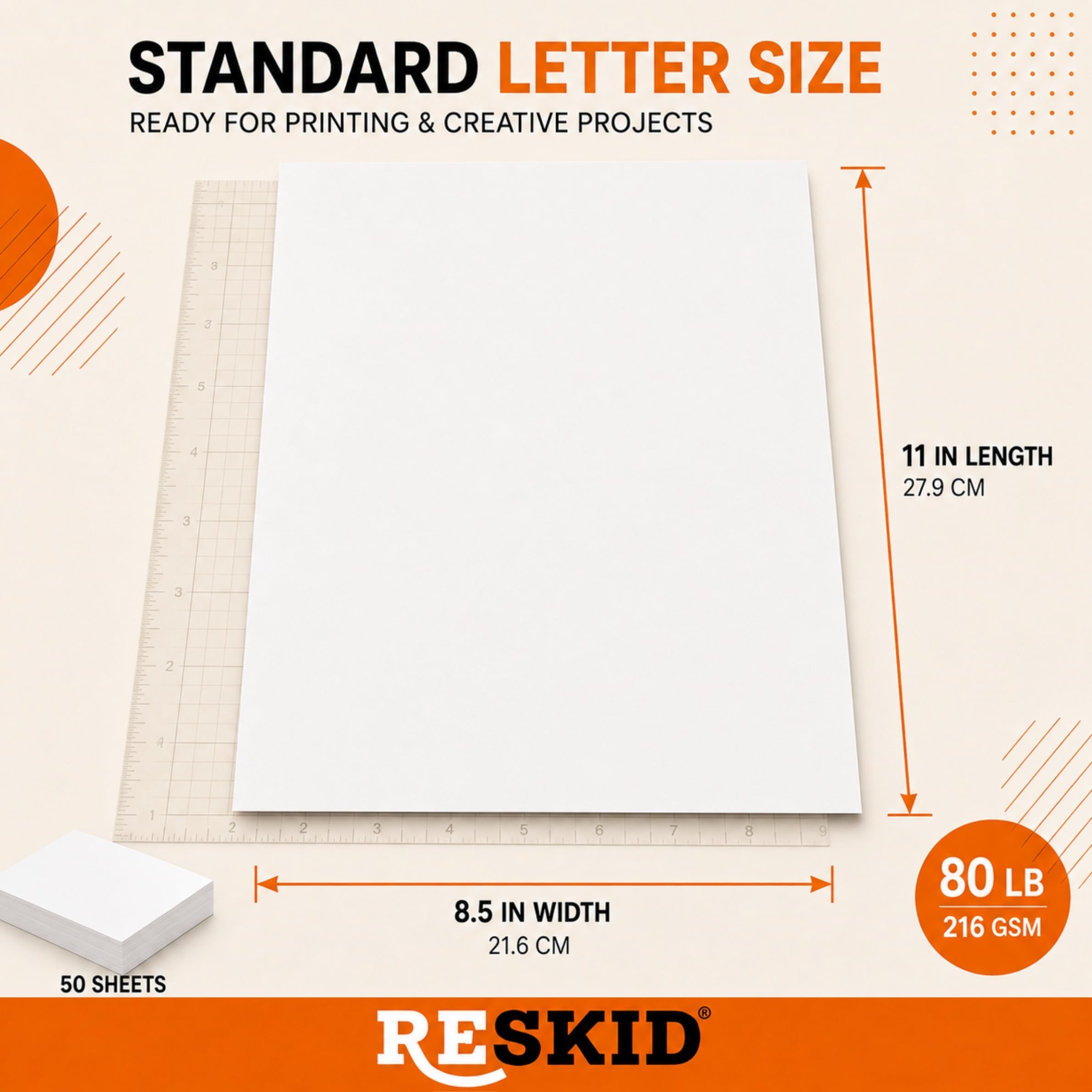 Reskid Cartulina de papel grueso blanco, cartulina de 80 libras (216 g/m²), 8.5 x 11 pulgadas, 50 hojas, cubierta pesada para tarjetas de visita, arte, invitaciones, impresión de papelería