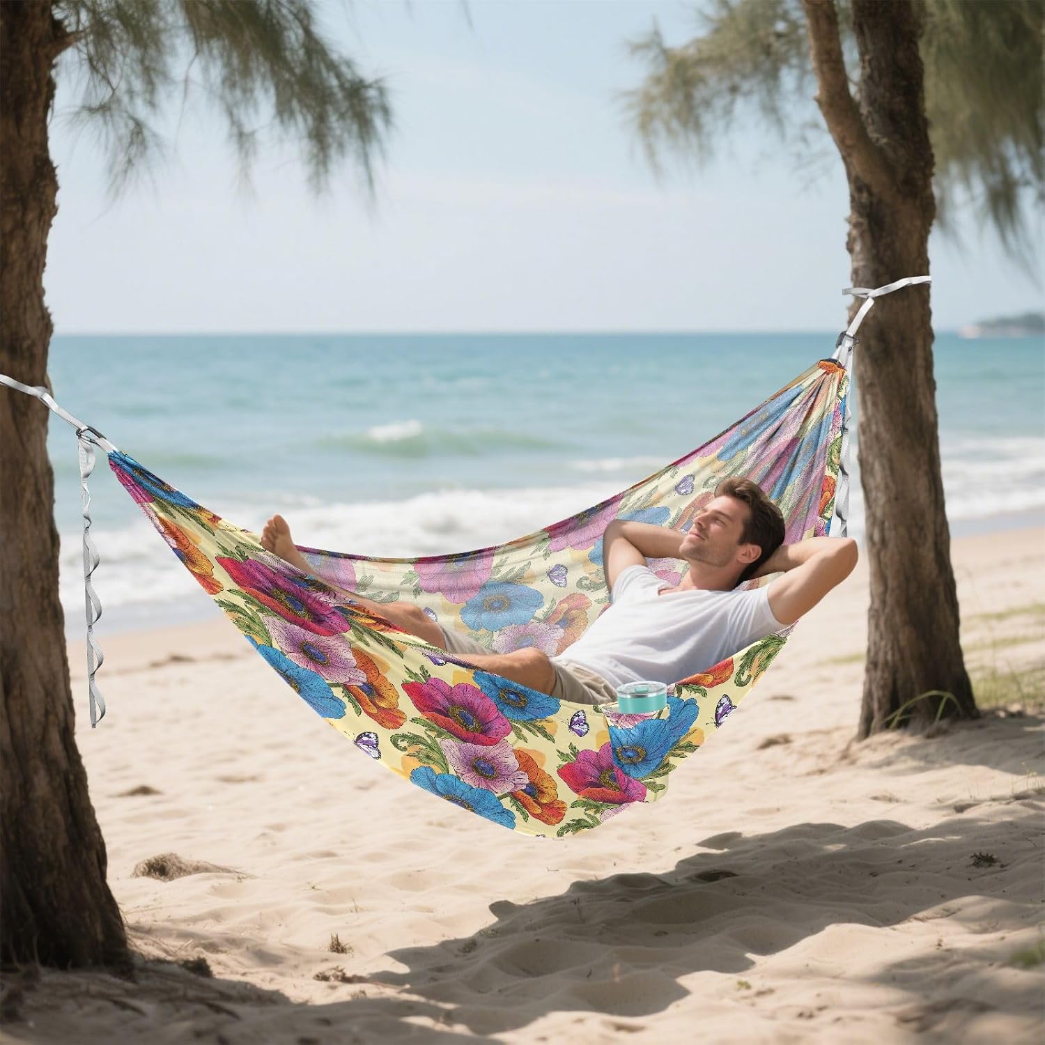 ALAZA Anemone Flower Butterfly Camping Hammocks Single or 2 Person 500 lbs Portable Parachute Travel Hammock w/Tree Straps for Hiking Backpacking Indoor Outdoor