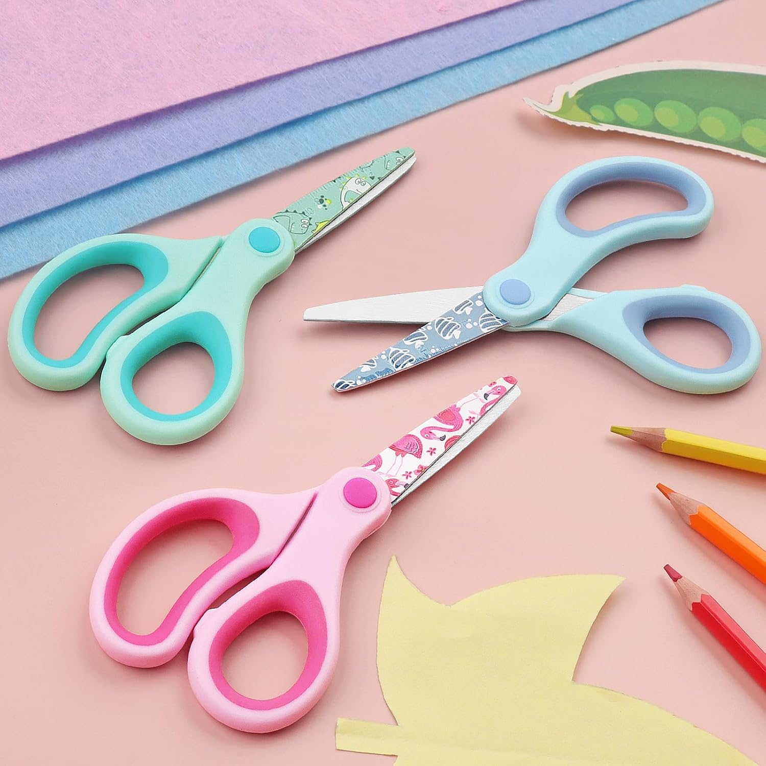 Patterned Children's Scissors, Blunt Safety Children's Craft Scissors, Stainless Steel Blades, Soft Grips, Pink, Blue, Fruit Green 3 Pairs
