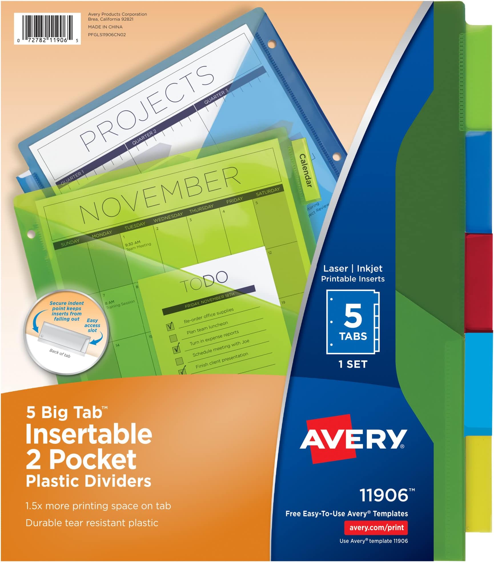 Dividers for 3 Ring Binders, 5-Tab Sets, Two-Pocket Plastic Binder Dividers with Tabs, Multicolor, 1 Set (11906)