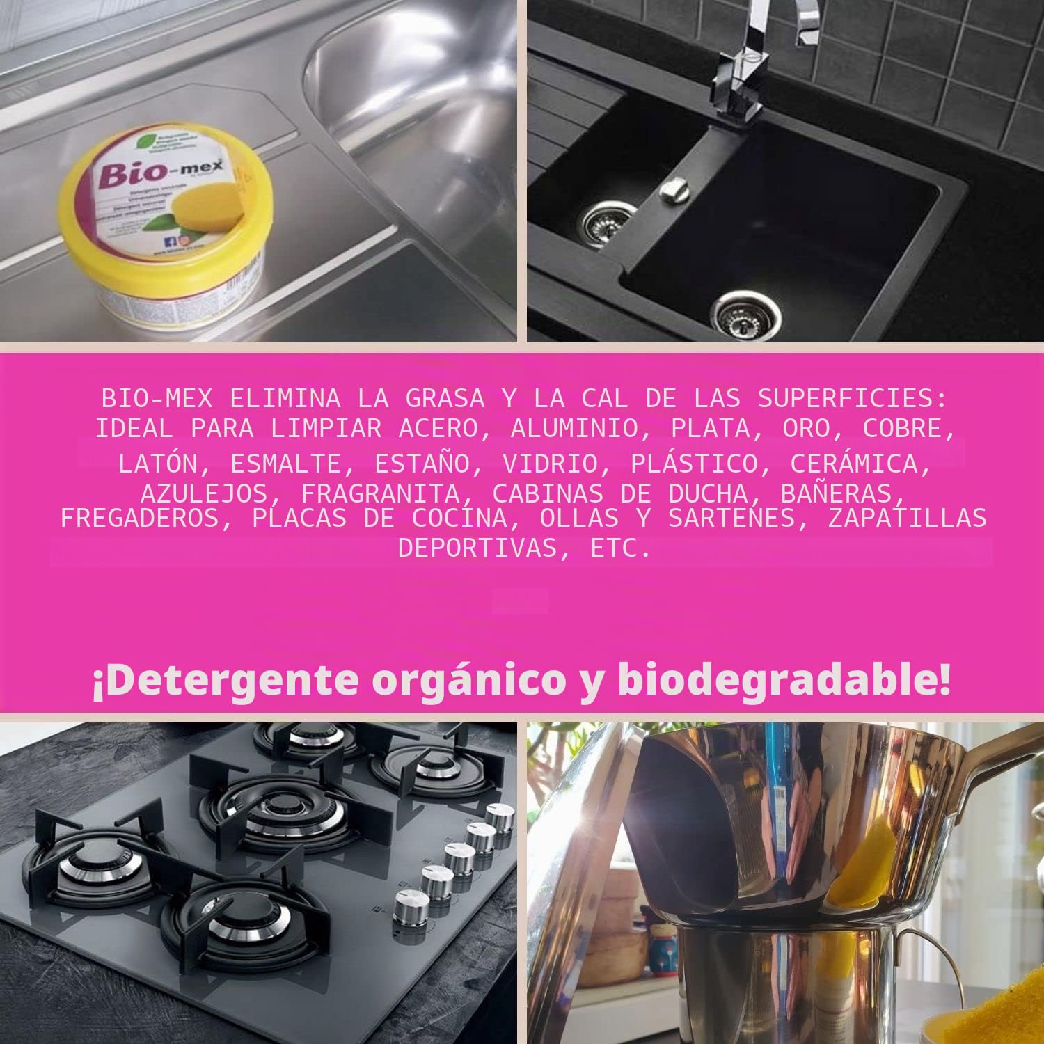 Bio-mex Pasta limpiadora Multiusos 100% Natural, Biodegradable 2X 300gr. Esponja incluida - 2X Flip-Mex Paño de Limpieza de Microfibra 16x16cm