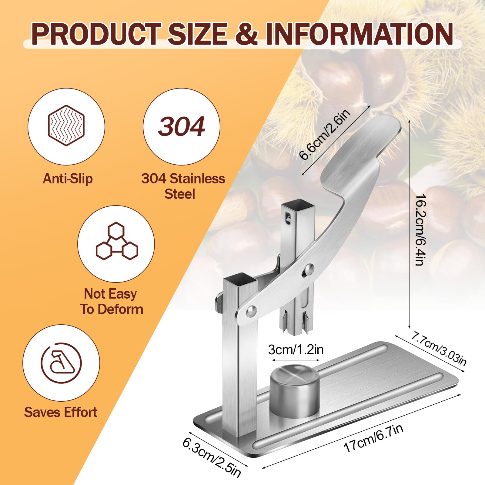Chestnut Cutter Tool, 304 Stainless Steel Chestnut Opener with Non-Slip Handle, Metal Nut Cracking Tool for Kitchen Use, Multifunctional Walnut Clip