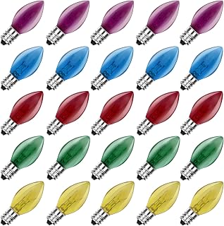 SUNSGNE C7 Multicolor Christmas Replacement Bulbs, Clear Multicolor Incandescent Light Bulbs for C7 Outdoor Patio Christmas String Lights, E12 Candelabra Base, 5 Watt, 25 Pack