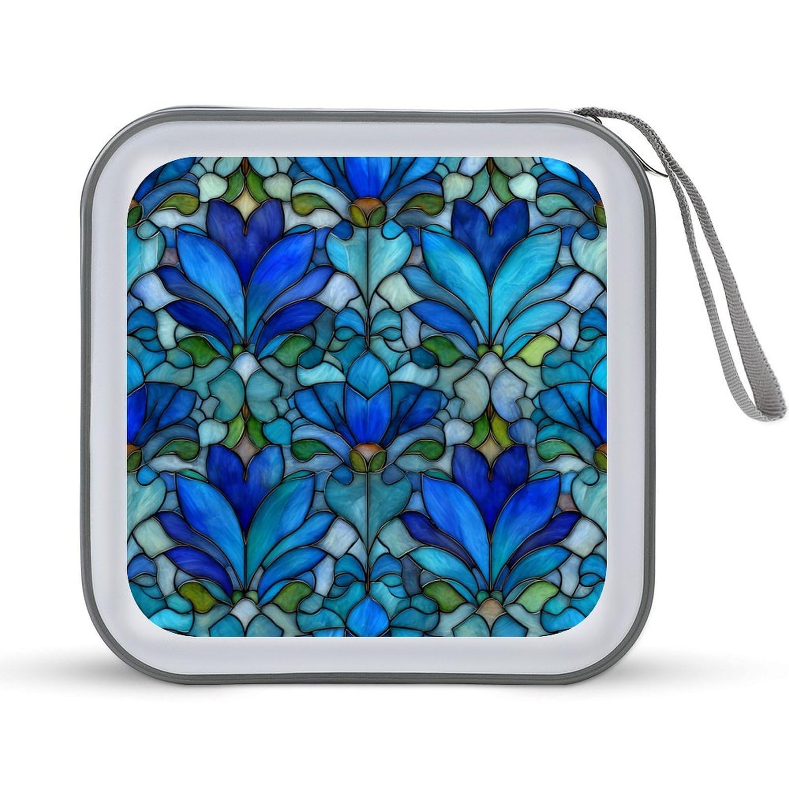 Jubonexis Blue Stained Glass Floral Plants Pattern CD Case DVD Storage Case Portable for Car Home Travel