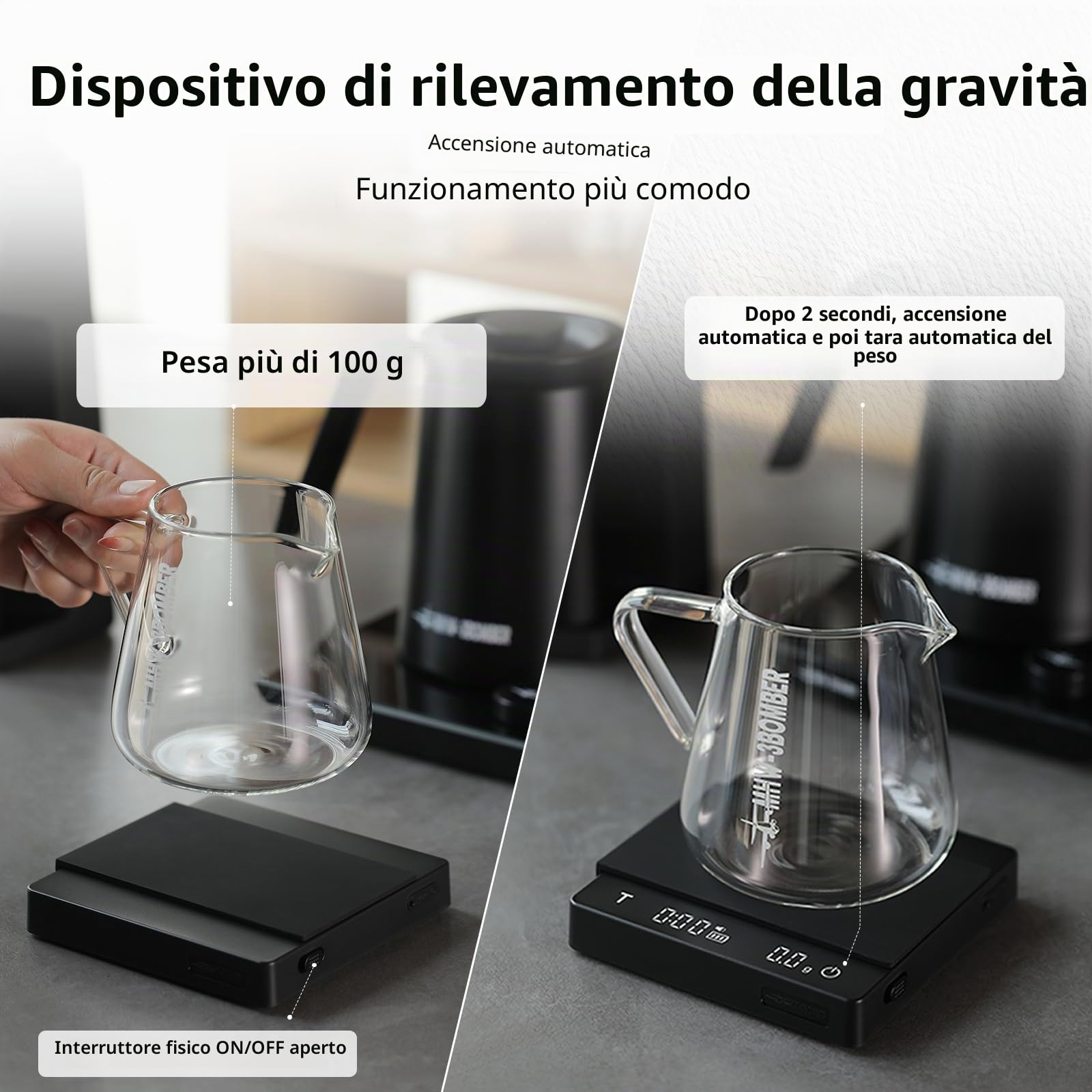 MHW-3BOMBER Bilancia da caffè con timer, ricaricabile tramite USB, bilancia per espresso da 0,1 g, bilancia accurata con rilevamento della gravità, taratura automatica, bilancia da cucina portatile