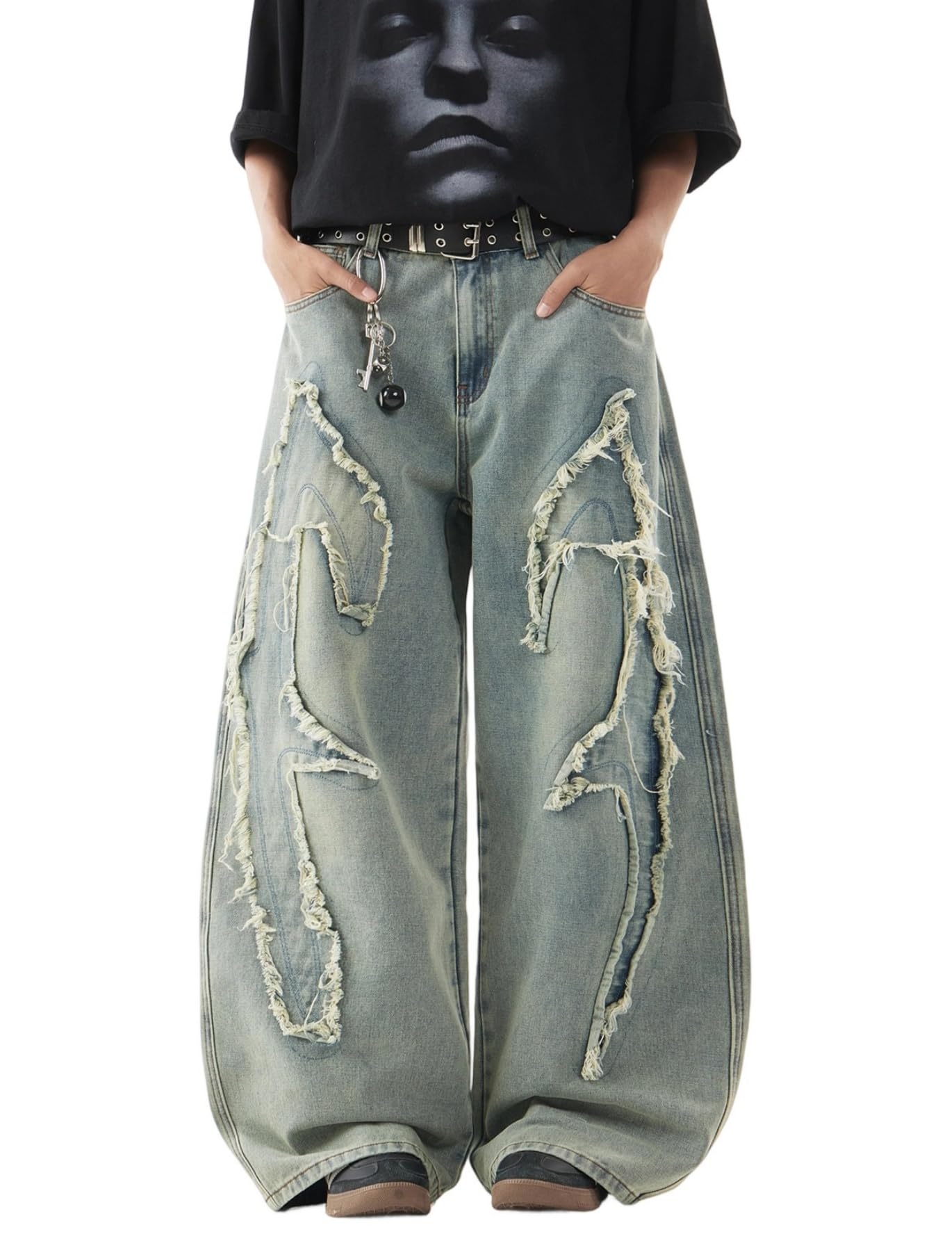 Herren Baggy Jeans Patchwork Stickerei Weite Hosen