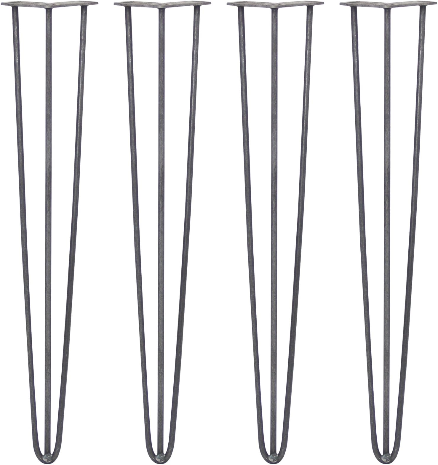 4 x Hairpin Legs/Hair Pin Legs Set SkiSki Legs Furniture Desk Bench Chair Table 28" 3 Prong 10mm Raw Steel & Protector Feet