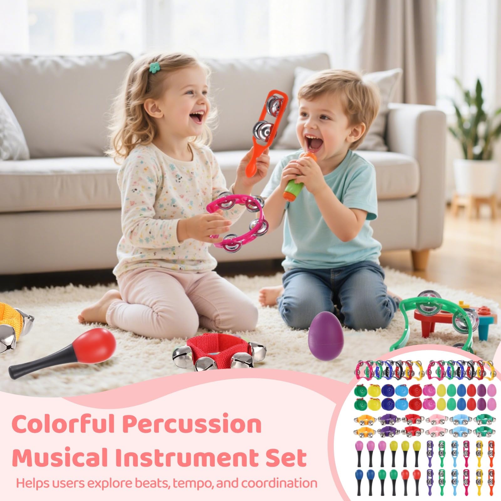 Juego de instrumentos musicales de percusión, 72 piezas con agitador de huevos, campanas, bandas de mano, maracas, panderetas, castañuelas, práctica rítmica, actividades musicales