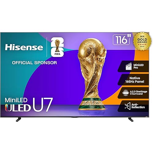 Hisense 116" U7 Mini-LED ULED 4K UHD Best Premium Gaming Google Smart TV (116U75QG, 2025 Model) - QLED, Native 165Hz, VRR 288, Up to 4000 Nits, HDR10+, Dolby Vision IQ · Atmos, IMAX Enhanced, 6.2.2 Ch