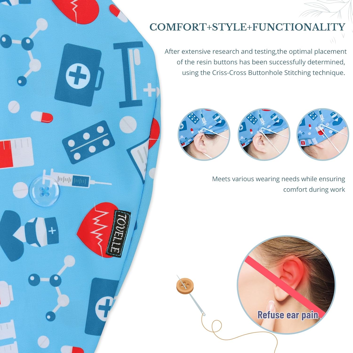 Scrub Caps Women, Double-Sided Printed Adjustable Women's Surgical Cap with Buttons, Breathable Design for Nurses and Doctors - Image 6