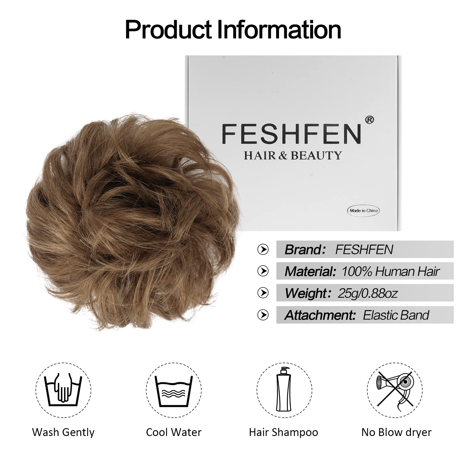FESHFEN Moños Postizos Pelo Natural - 100% Cabello Humano Ondulado Moño Postizo Despeinado Coletero Extensiones para Mujer, Marrón ceniza