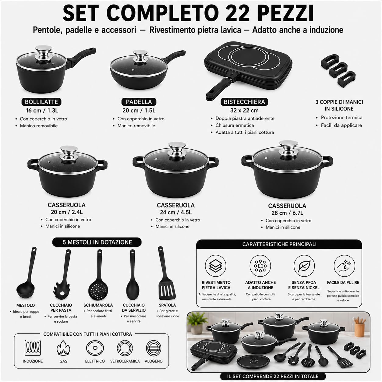 Set di Pentole 22 Pezzi Antiaderenti con Bistecchiera Batteria di Pentole e Padelle con Coperchi in Vetro, Manici Removibili, Mestoli e Accessori in Silicone Per Tutti i Piani di Cottura, Induzione