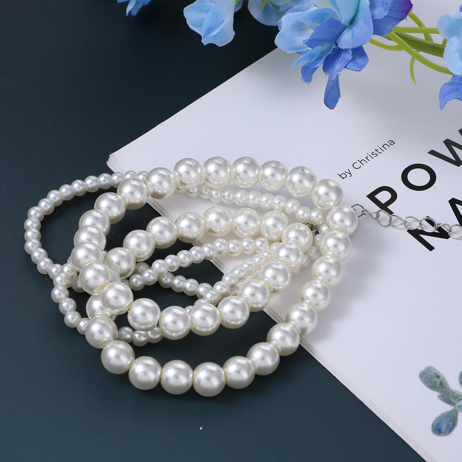 Women's White Pearl Bracelet Stack, Layered Pearl Bracelets for Women, Chunky Dainty Sets Faux Pearls Vintage Bangles, Chain & Stack Designs Fashion Jewelry - Image 5