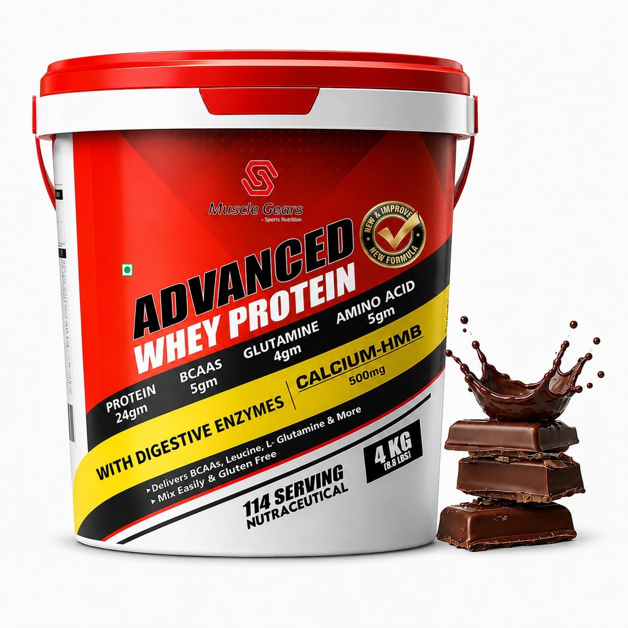 Muscle Gears Advanced Whey Protein | 24g Protein | 5g BCAAs | 4g Glutamine | 5g Amino Acids | 500mg Calcium + HMB | Digestive Enzymes | Chocolate Flavor