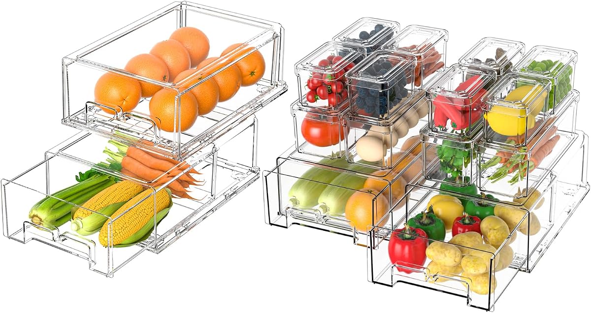 damynuo 16Pcs Fridge Organizer Bins, Clear Refrigerator Organizing Containers with Lids and Refrigerator Drawers, Stackable Food, Vegetable and Fruit Containers for Fridge Organizers and Storage