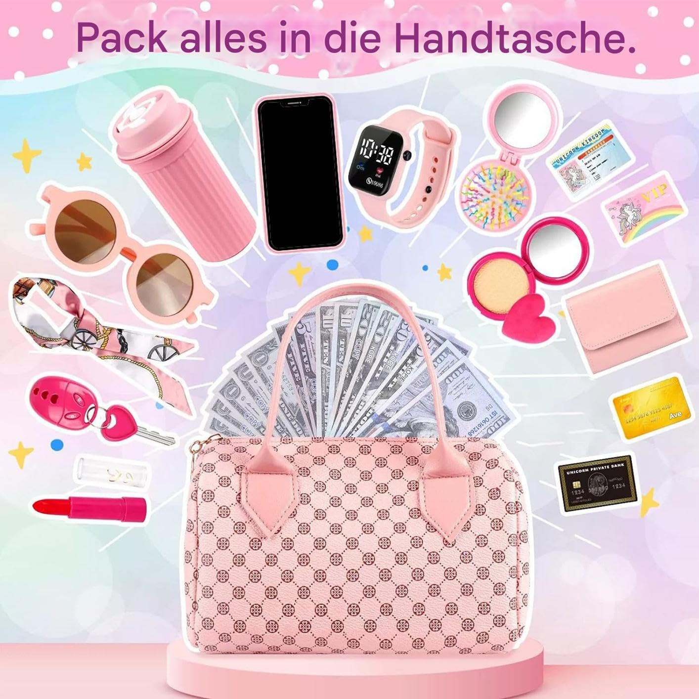Mädchen Handtasche Spielzeug - Kinder Handtasche Set Mit Handtaschen, Telefon, Uhren, Make Up, Schlüssel, Sonnenbrille, Trinkbecher, Rollenspiele Für Kleine Kinder