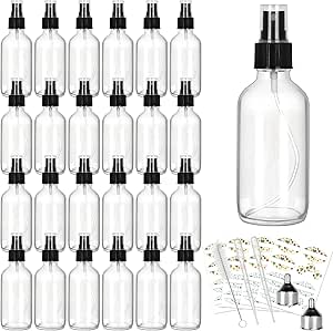 CycleMore 25 Pack 4oz Clear Glass Spray Bottles with Fine Mist Sprayers, Glass Travel Bottles for Cosmetic Essential Oils Cleaning Solutions Perfumes &amp; More Liquids (1 Brush, 2 Funnels and 36 Labels)