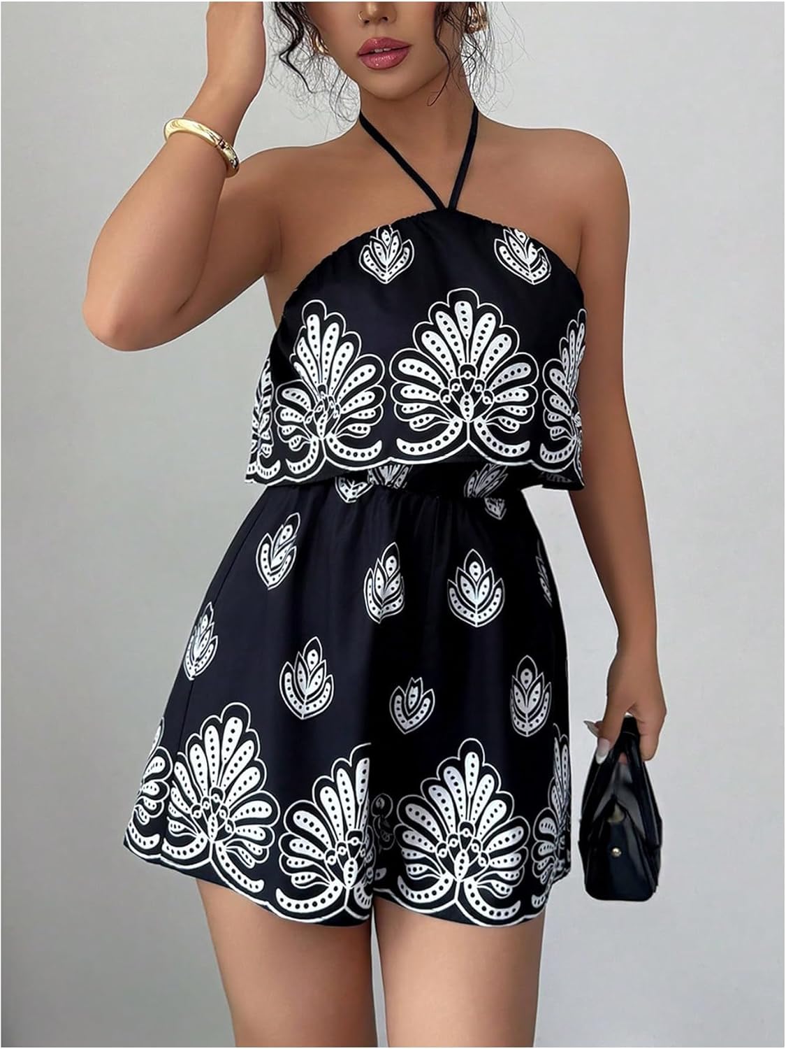 SweatyRocks Women's Open Back Boho Halter Romper Wide Leg Shorts Sleeveless Summer Jumpsuit - Image 3