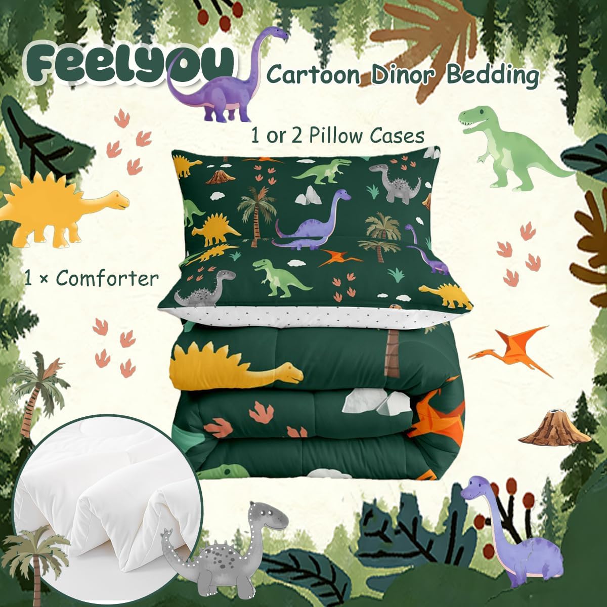 Feelyou Cartoon Dinosaur Kids Comforter Set Twin Size Jungle Dino Bedding Set 3D Dino Print Duvet Quilt for Kids Boys Girls Bedroom Decor Microfiber Ultra Soft Breathable