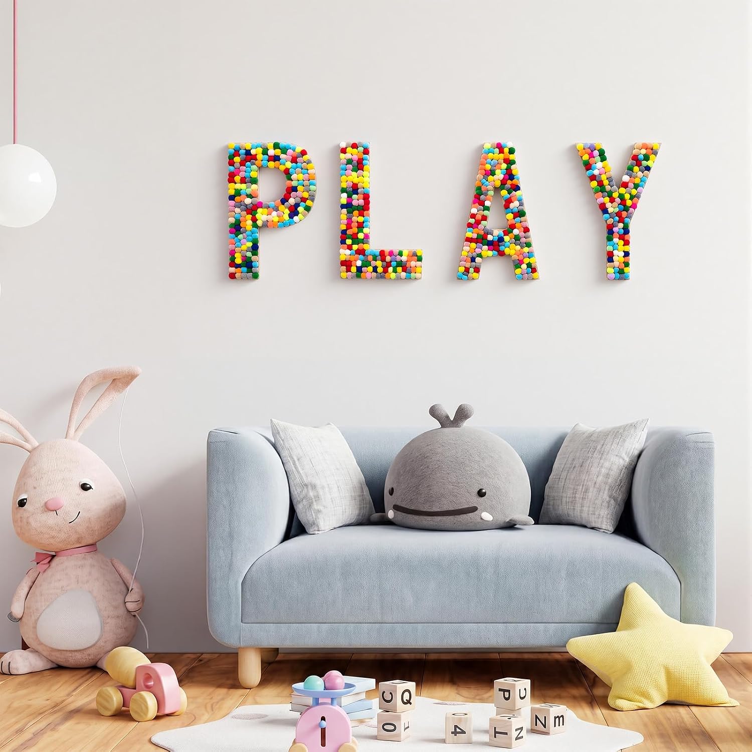Chunful 4 Pcs 12 Inch Play Sign Wooden Letters Playroom Sign Wall Decor Nursery Pom Pom Playroom Wall Art Decoration for Home Nursery Room Kindergarten Elementary Classroom Decor