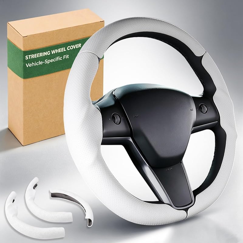 Capa de Volante Aimato em Couro Nappa para Tesla Model 3 e Model Y Nappa White Kit com 3 Peças