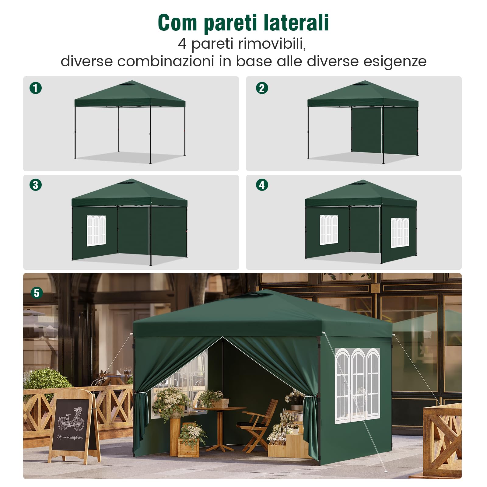 Laneetal Gazebo 3x3 Pieghevole Impermeabile, Pergolato da Giardino, Gazebo da Esterni, con Pareti Laterali Rimovibili, Protezione dal Sole, per Feste e Campeggio, Borsa per il Trasporto, verde