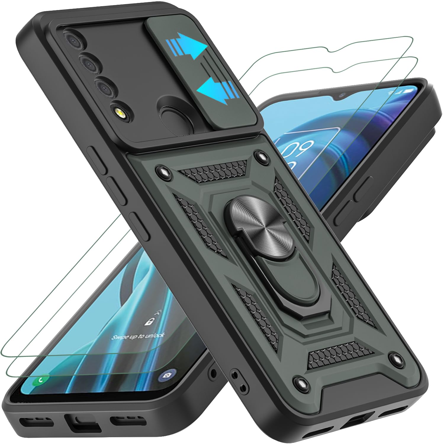 YKHJKLEC for TCL 30 XE 5G Phone Case, [Military Grade] Shockproof with 360 ° Rotation Metal Kickstand Protective Case with 2Pcs HD Screen Protector (