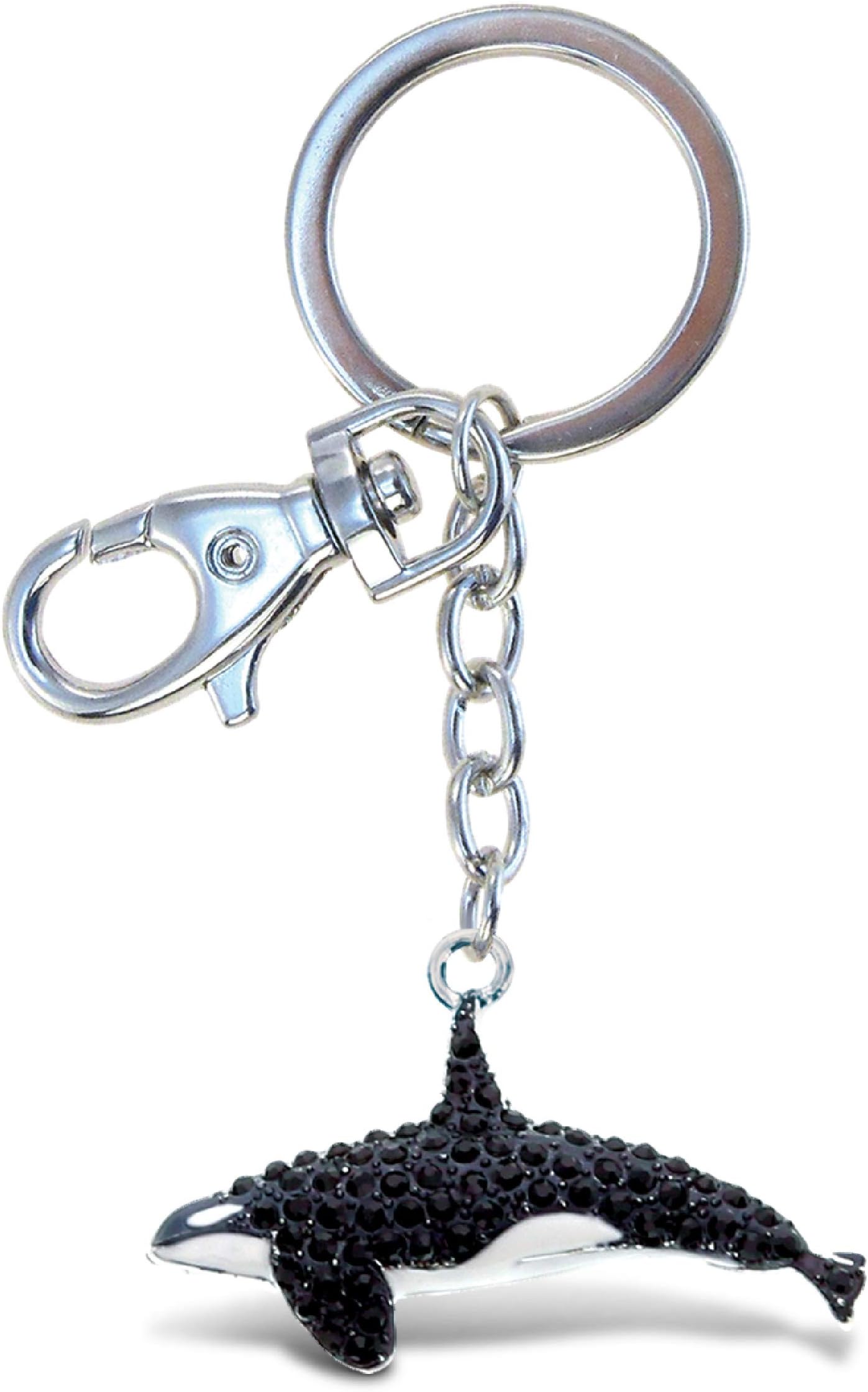 Aqua 79 Killer Whale 3D Sparkling Rhinestone Crystal Keychain - Fashionable Silver Metal Alloy Key Chain Charm with Silver Clasp Key Ring