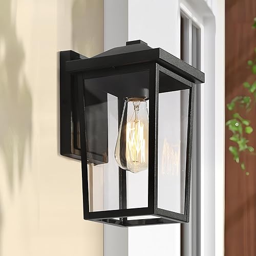 LALUZ Luces de pared negras para exteriores, para casa, moderna, casa de campo, porche, patio, montaje en pared al aire libre con vidrio