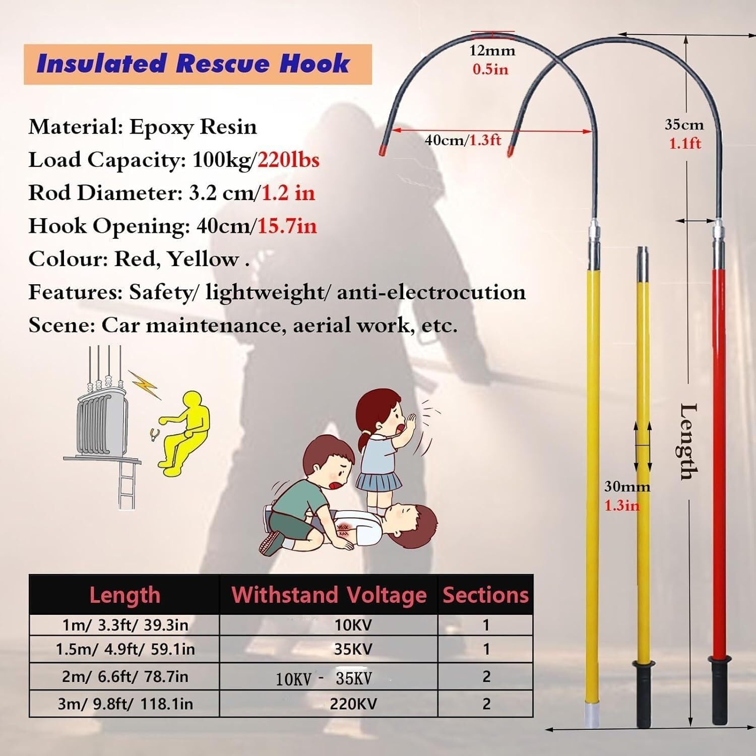Electrical Safety Rescue Hook,High Voltage Insulated Rescue Hook,Life-Saving Pole,220lb Load Safety Rescue Hook,Electrocution Emergency Rescue Pole(Yellow,1m/3.3ft)