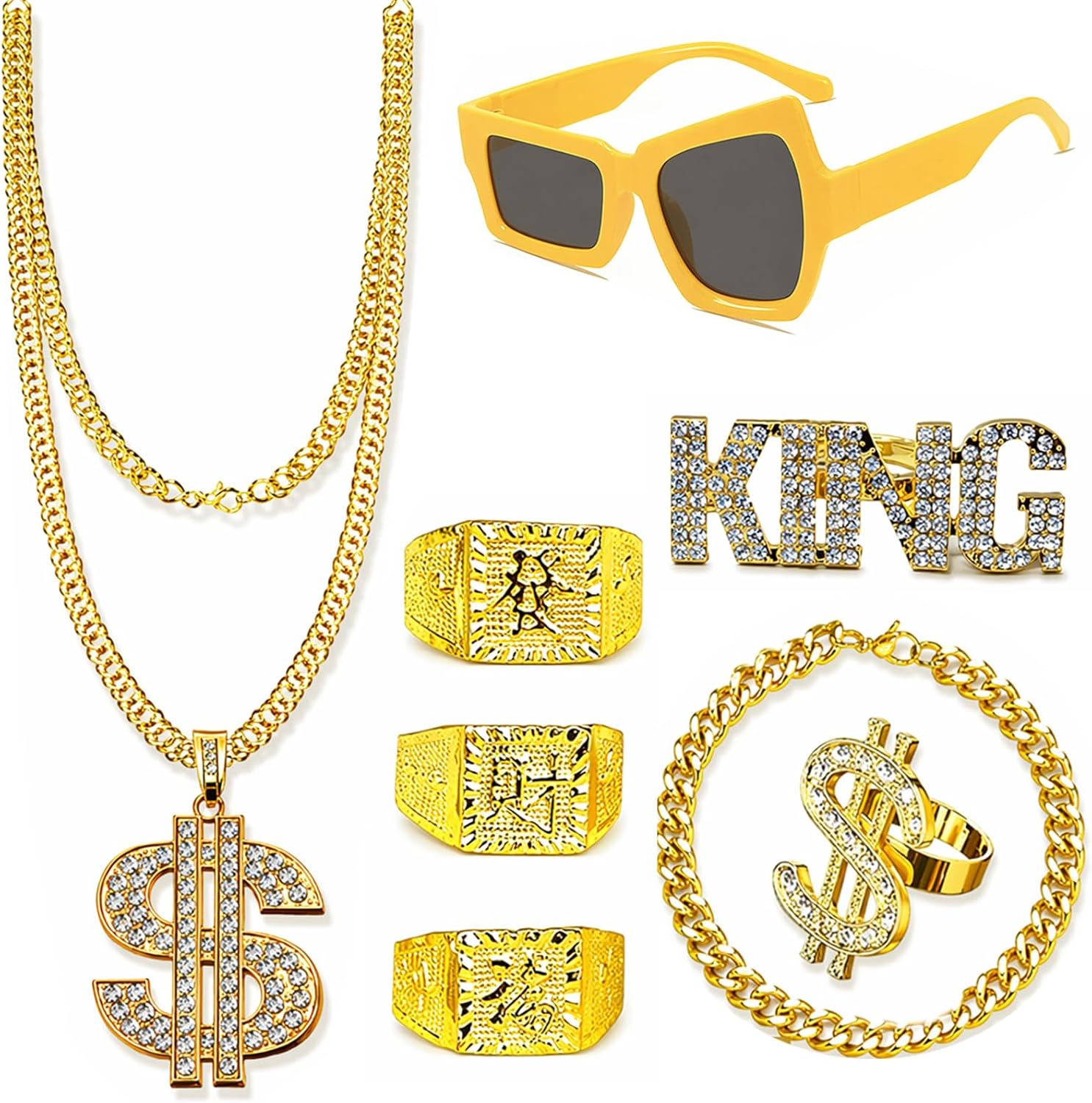 ZhengYuFa 8 Pieces 90s 20s Rapper Accessories Fake Gold Chain，Dollar Ring Necklace Costume Jewelry,Carnival Halloween,Rapper Costume
