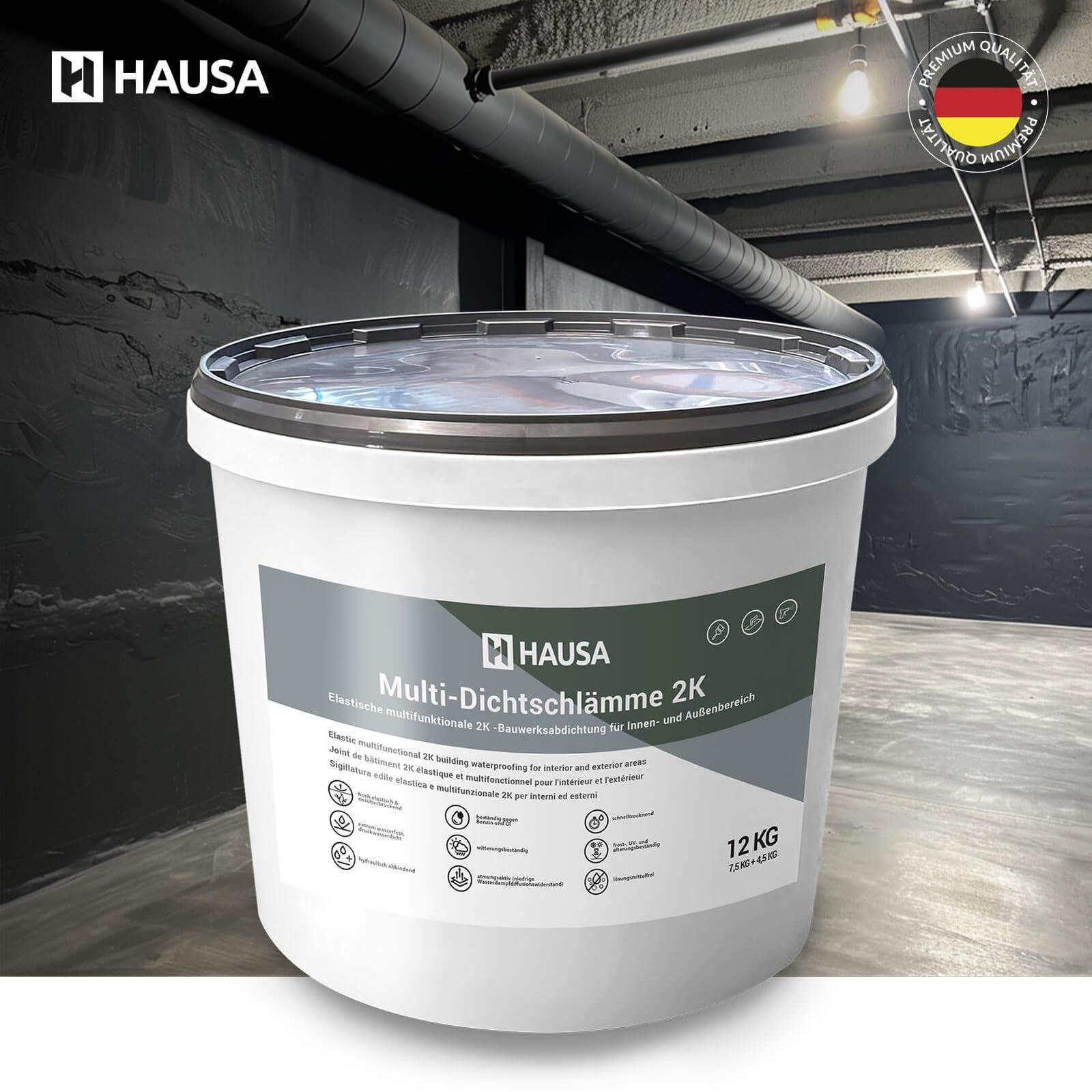 HAUSA Multi-Dichtschlämme 2K 12kg elastische 2K Dichtmasse für Innen- und Außen, Abdichtung von Schwimmbad Pool Betonbecken Balkon Terrasse Bad Keller Dusche, druckwasserdicht lösungsmittelfrei