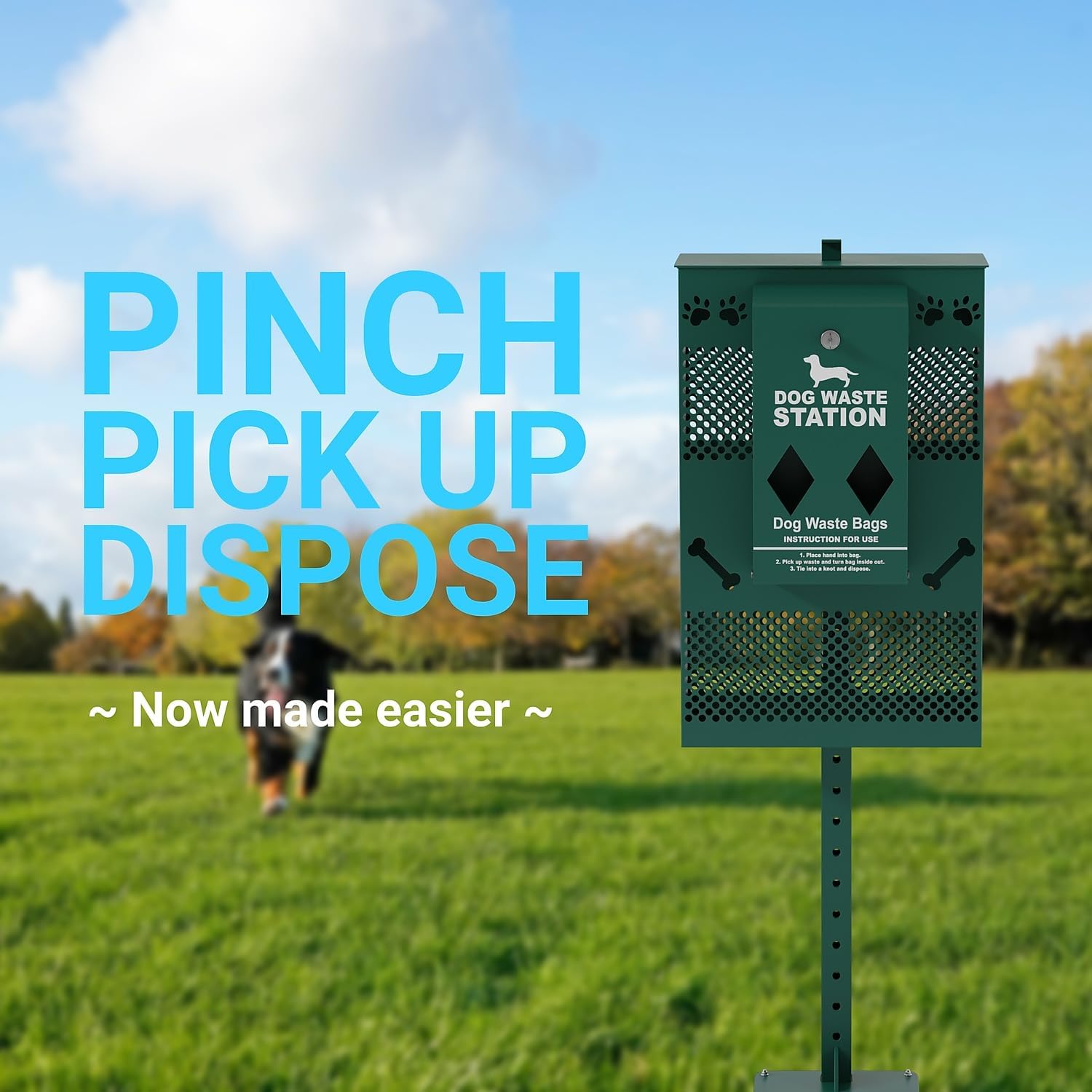 Flash Furniture Kessler Compact Dog Waste Station with Rectangular Lidded Trash Can and Locking Roll Waste Bag Dispenser, Green