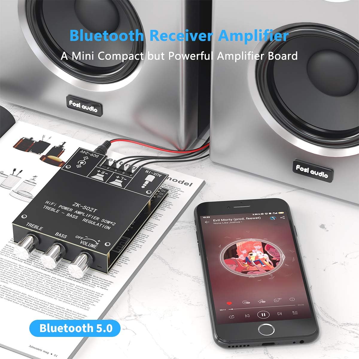 Fosi Audio ZK-502T Bluetooth 5.0 Amplifier Receiver Board Stereo Audio Mini 2 Channle Wireless High Power Digital AUX Amp Module Bass and Treble Control for Home Passive Speakers TPA3116D2 50W x 2