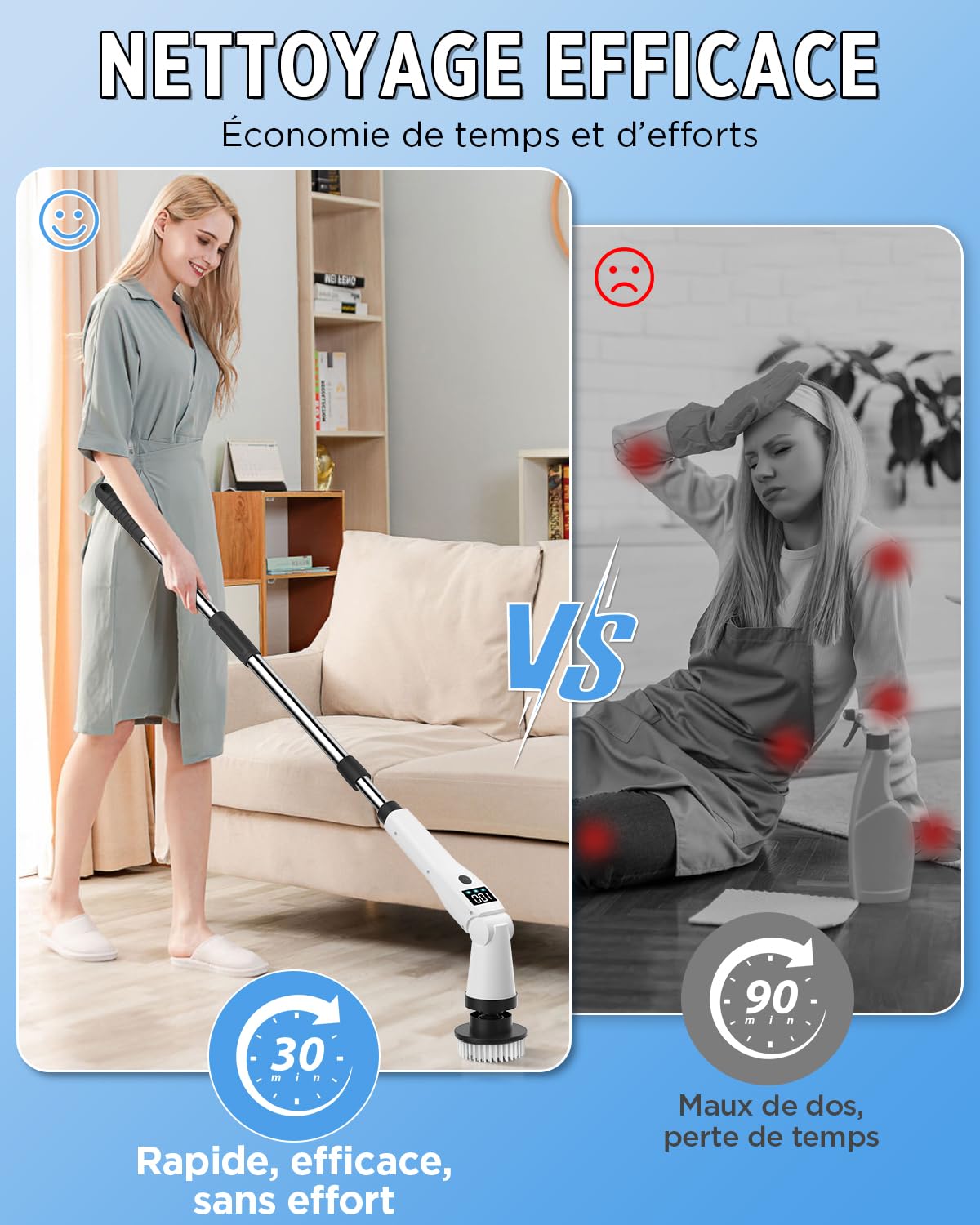 Lepwings Brosse de Nettoyage Électrique avec 8 Têtes Remplaçables, Brosse Rotative Puissante Rechargeable, 3 Vitesses, Manche Télescopique 35–135 cm, Étanche IP65 pour Salle de Bain, Cuisine, Voiture